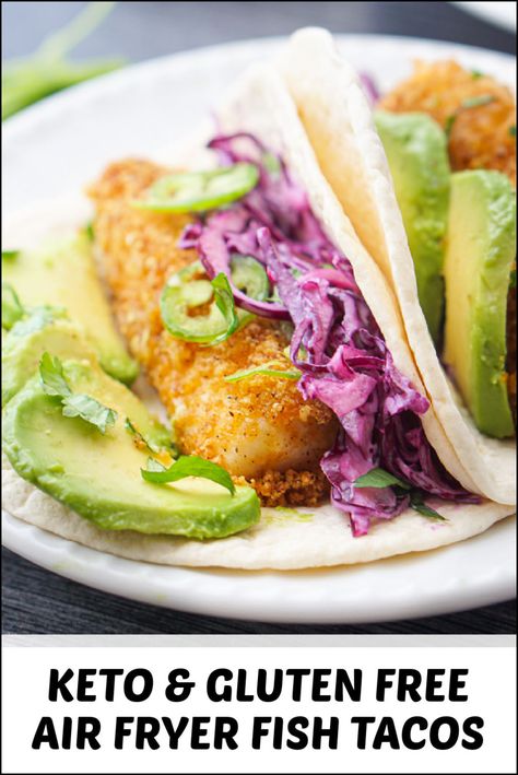 These easy keto fish tacos are fresh and flavorful and super quick in the air fryer. With just a few simple ingredients you can make crispy fish fillets that you wrap in a low carb tortilla and top with your favorite slaw or avocados! Not only are these soft tacos fresh and delicious but they are also gluten free and have just 0.2g net carbs. Air Fryer Crispy Fish, Keto Fish Tacos, Best Low Carb Tortillas, Slaw For Fish Tacos, Fried Fish Tacos, Air Fried Fish, Keto Fish, Southwestern Recipes, Grilled Seafood Recipes