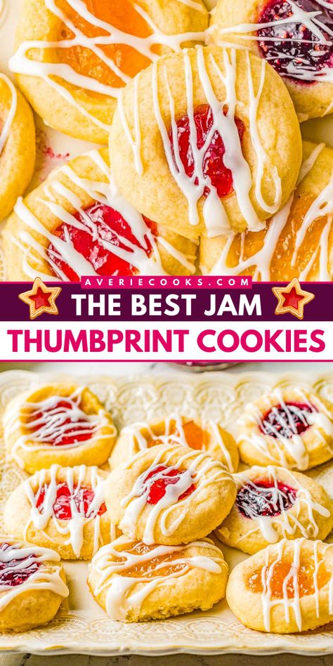 This Christmas dessert idea is a classic! Light and buttery with jelly centers, these easy Christmas cookies are always a favorite holiday baking recipe. No one will be able to resist The BEST Jam Thumbprint Cookies! Cookies With Jelly Center, Jelly Thumbprint Cookies Easy, Christmas Cookies With Jelly Centers, Jam Thumbprint Cookies Easy, Egg Nog Thumbprint Cookies, Christmas Dessert Ideas For A Crowd, Things To Make With Jam, Jelly Cookies Thumbprint, Thumb Drop Cookies