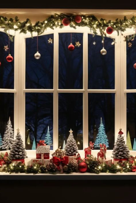 Transform your windows into magical holiday displays. Learn techniques for creating elegant window decorations that impress both indoors and out. Christmas Decor Ideas Big Window, Windowsill Decor Christmas, Arched Window Christmas Decor, Window Shelf Christmas Decor, Christmas Inside Window Decorations, Christmas Decorations Windows Indoor, Big Window Christmas Decor Ideas, Bay Window Christmas Decorations, Large Window Christmas Decorating Ideas