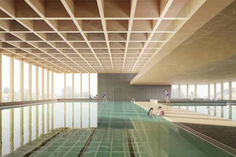 Indoor Pool Architecture, Swimming Pool Art, Swimming Pool Architecture, Swimming Bath, Amsterdam Houses, Indoor Swimming Pool, Pool Art, Wood Architecture, Pool Rooms