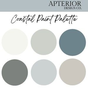 Coastal Paint Palette, Interior Paint Palettes, Coastal Paint, Nursery Paint Colors, Interior Design Color Schemes, Sherwin Williams Color Palette, Blue Gray Paint Colors, Beach House Colors, Blue Gray Paint