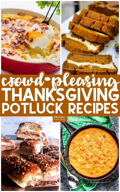 Potlucks can be a lot of fun, particularly during the holiday season. Make one dish, enjoy many dishes. These Thanksgiving Potluck Recipes include easy main dinner entrees, Thanksgiving side dishes, and pumpkin desserts. Use these Thanksgiving Potluck ideas for a friendsgiving or a family gathering. #FrugalCouponLiving #thanksgivingrecipes #potluck #potluckideas #potluckrecipes #thanksgivingpotluck #friendsgiving #friendsgivingrecipes #friendsgivingideas #thanksgivingideas #sidedishes #desserts Staff Thanksgiving Potluck Ideas, Thanksgiving Carry In Ideas, Thanks Giving Pot Luck, Friendsgiving Recipes Main Dish, Friendsgiving Work Potluck, Thanksgiving Potluck Recipes For Work, Thanks Giving Pot Luck Ideas, Harvest Potluck Ideas, Turkey Potluck Ideas