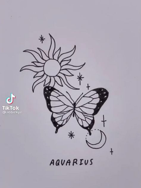 Aquarius Butterfly Tattoo, Moon And Sun Tattoo, Tattoo Cute, Butterfly Moon, Sun Tattoo Designs, Tattoos Inspo, Piercings Ideas, Aquarius Tattoo, L Tattoo