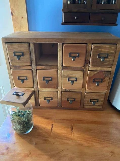 Diy Tea Cabinet, Apothecary Cabinet Storage, Portable Apothecary Cabinet, Diy Apothecary Drawers, Diy Tea Organizer Ideas, Apothecary Wall Cabinet, Diy Tea Organizer, Home Apothecary Room, Cottagecore Storage