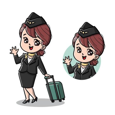 Cute flight attendant cartoon | Premium Vector #Freepik #vector #background Flight Attendant Drawing Easy, Flight Attendant Aesthetic Drawing, Flight Attendant Illustration, Flight Attendant Cartoon, Flight Attendant Clipart, Flight Attendant Drawing, Flight Attendant Sticker, Flight Attendant Aesthetic, Cartoon Cards