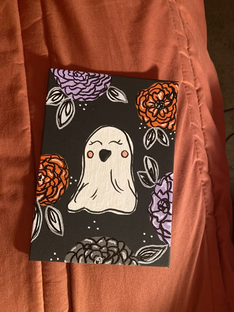 Small Ghost Painting, Easy Halloween Canvas Painting Ideas, Ghost Canvas Painting, Pumpkin Painting Ideas Canvases, Halloween Shuffle, Cute Halloween Paintings, Easy Spooky Paintings, Easy Halloween Paintings, Paintings Halloween