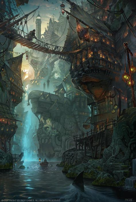 Pirates Cove, Fantasy City, Fantasy Castle, Fantasy Setting, Fantasy Places, Futuristic City, Fantasy Art Landscapes, Fantasy Concept Art, Arte Fantasy