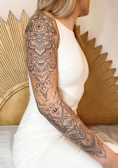 The Best Ornamental Tattoos Of All Time - TheTatt Upper Arm Ornamental Tattoo, Ornamental Tattoo Arm Women, Ornamental Tattoo Design Thigh, Ornamental Tattoo Sleeve Women, Ornamental Sleeve Tattoos For Women, Thick Ornamental Tattoo, Ornamental Tattoo Women, Partial Sleeve Tattoo Women, Ornamental Tattoo Design Arm