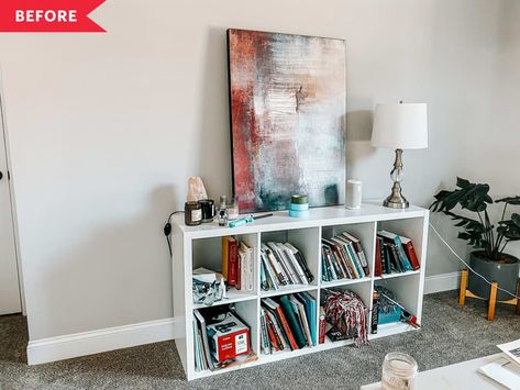 Before and After: A Plain Old IKEA KALLAX Shelf Gets a Glam Redo for $200 Ikea Hemnes Bathroom, Kallax Styling, Hemnes Bathroom, Broken Dresser, Ikea Hemnes Dresser, Old Bookshelves, Ikea Kallax Shelf, Cube Shelf, Ikea Kallax Hack