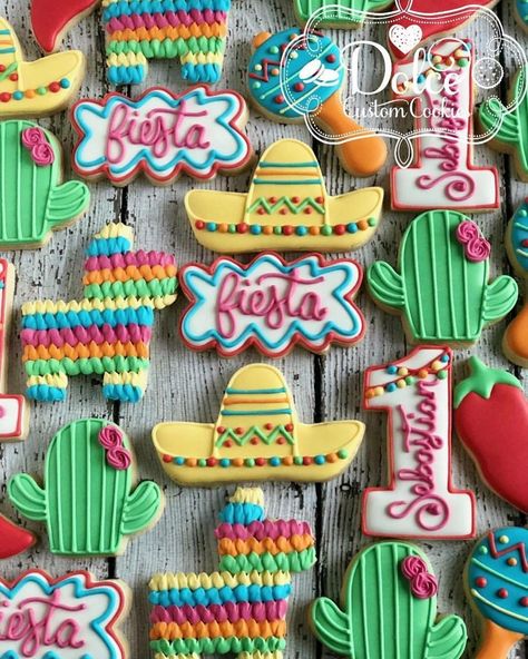 #fiestafirstbirthday #firstbirthdaycookies #decoratedcookies #decoratedsugarcookies #sugarcookies #customcookies #cookiesinbradford… Mayo Cookies, Mexican Cookies, Taco Twosday, Super Cookies, First Birthday Cookies, Quinceañera Ideas, Mexican Birthday, Sugar Cookie Royal Icing, Sugar Cookie Icing