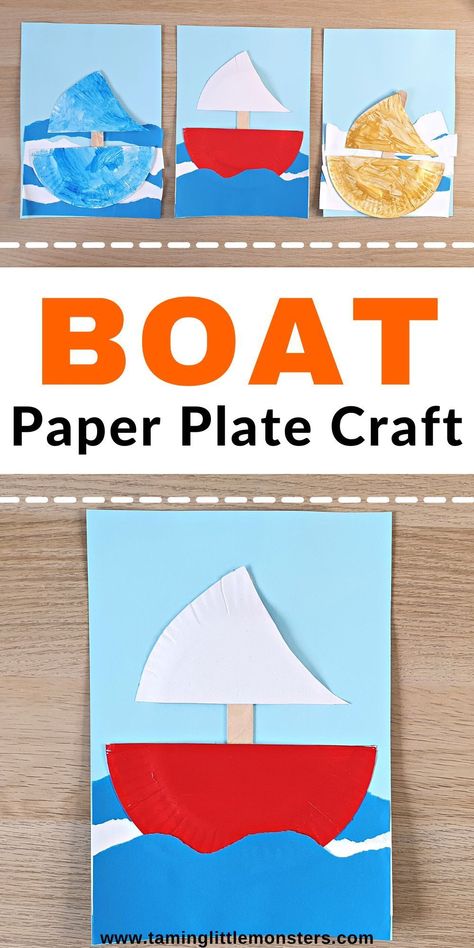 Sailboat Craft Preschool, Road Transport Project For Kids, Plane Crafts Preschool, Boat Crafts For Toddlers, Water Transportation Preschool Crafts, Boat Crafts Preschool, Transportation Art For Toddlers, Paper Plate Boat Craft, Boat Craft Kids