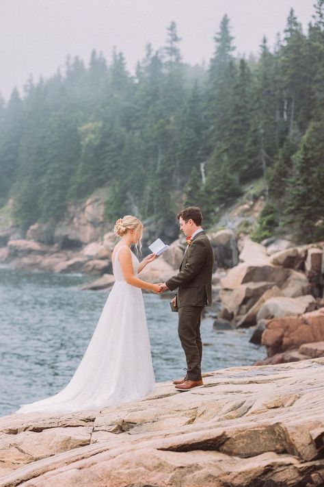 Bride and groom sharing vows during their acadia national park elopement on otter cliffs Acadia Elopement, Acadia National Park Wedding, Arcadia National Park, Maine Elopement, Private Vows, Elopement Weddings, Coastal Maine, National Park Elopement, Outdoor Fall Wedding