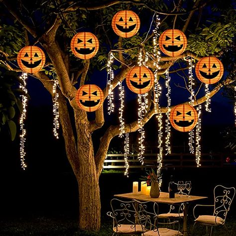 Halloween Night Decorations, Cafe Halloween Decorations, Halloween Cafe Decor, Cuddle Season, Paper Lantern String Lights, Spooky Ideas, Photo Halloween, Large Pumpkins, Pumpkin Decorations