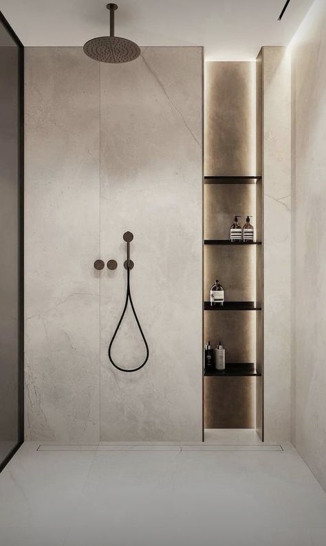 Bathroom Japandi Design, Microcement Shower Room, Designer Bathroom Ideas, Warm Bathroom Ideas, Bathroom Planning, Minimalist Toilets, Natural Stone Bathroom, Minimal Bathroom, Minimalism Home