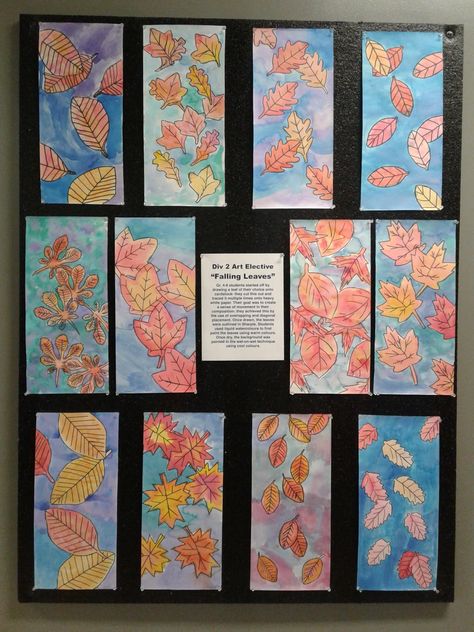 Grade 4-6 students made these lovely falling leaves watercolour paintings using liquid watercolours. I was inspired by THIS post on ... Fall Art Project 3rd Grade, Grade 5 Fall Art, Fall Art Projects 5th Grade, Fourth Grade Fall Art Projects, Grade 4 Fall Art, Thanksgiving Art 4th Grade, Fall Art 2nd Grade, Fall Art Second Grade, Fall Art Grade 2