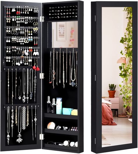 CASART 2-IN-1 Jewelry Cabinet, Wall & Door Mounted Jewelry Armoire with Full-Length Mirror & Built-In Small Mirror, Space-Saving Jewelry Organizer Hanging Storage Makeup Box (Black) : Amazon.co.uk: Home & Kitchen Jewelry Organizer Hanging, Mirror Space, Makeup Cabinet, Organizing Jewelry, Armoire With Mirror, Wall Mounted Jewelry Armoire, Mirror Jewellery Cabinet, Cabinet Wall, Light Jewelry