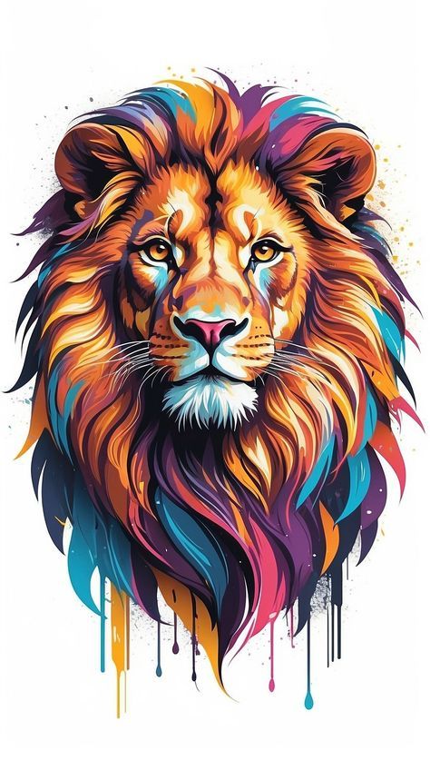 Lion Animated, Colorful Lion Art, Colorful Lion Painting, Lion Face Drawing, Colorful Animal Paintings, Lion Vector, Lion Artwork, Lion Photography, Lion Drawing