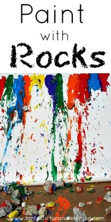 Create a masterpiece by rolling rocks through paint. Fun painting activity for kids! Preschool Painting, Preschool Art Projects, Art Project For Kids, Art Activities For Toddlers, Sensory Art, Painted Rocks Kids, Project For Kids, Painting Activities, Preschool Art Activities