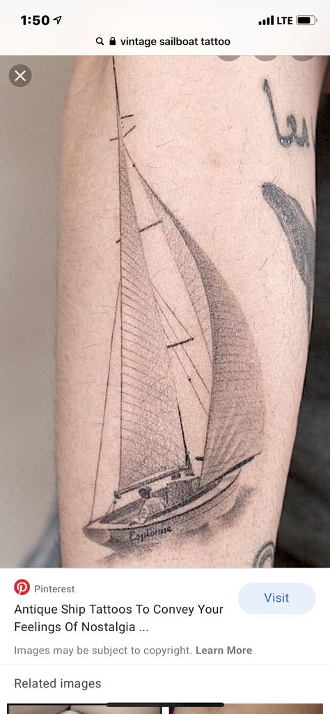 Sail Boat Tattoo Traditional, Sailboat Tattoo Sleeve, Sailboat Tattoo Men, Greek Ship Tattoo, Boat Tattoo Men, Sail Boat Tattoo, Sail Tattoo, Yacht Tattoo, Tattoo Ship