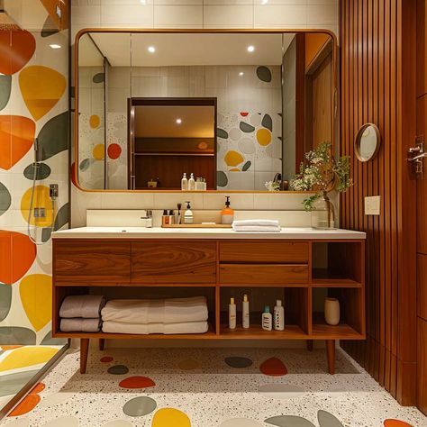 8+ Mid-Century Modern Bathroom Furniture Ideas for Retro Appeal • 333+ Art Images Mid Century Restroom, Mid Century Modern Interior Design Bathroom, Mid Century Modern Great Room, 70s Home Bathroom, Mid Century Inspired Bathroom, Mid Century Modern Bathroom Mirror, Orange Cabinets Bathroom, 60s Inspired Bathroom, Mcm Bathroom Vanity