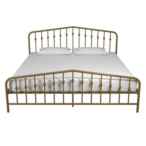 Novogratz Bushwick Platform Bed & Reviews | Wayfair.ca Metal Bed Ideas, Gold Bed Frame, Round Finials, Queen Metal Bed, Industrial Modern Design, Gold Bed, King Size Bed Frame, Metal Platform Bed, Metal Bed