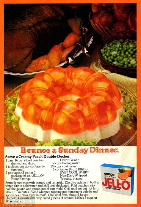 Creamy peach double-decker Jello salad (1979) Peach Jello Salad, Fruit Cocktail Recipes, Berry Salad Recipe, Recipes With Fruit Cocktail, Peach Jello, Jello With Fruit, Jello Mold Recipes, Gelatin Recipes, Weird Vintage