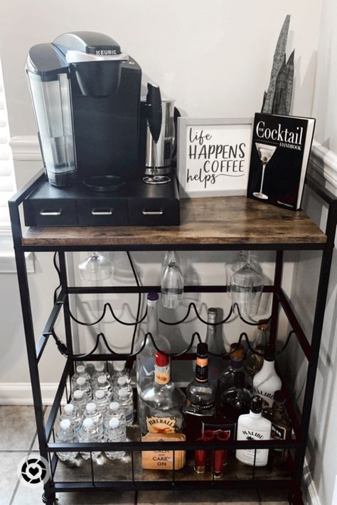 Coffee And Wine Bar Cart, Coffee And Alcohol Bar Cart, Bar Cart And Coffee Station, Coffee And Wine Cart Ideas, Bar Cart Location, Bar Cart In Kitchen Ideas, Coffee And Bar Cart Ideas, Liquor Coffee Bar, Coffee And Tea Cart