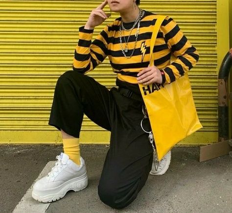 « mellow yellow fellow » Yellow Black Outfit Men, Yellow Skater Outfit, Black And Yellow Goth Outfit, Black And Yellow Aesthetic Outfits, Male Yellow Outfit, Yellow Clothes Aesthetic Men, Yellow Gothic Outfit, Yellow And Black Outfit Aesthetic, Male Outfits Colorful