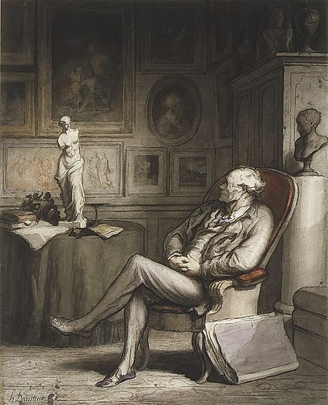 The Connoisseur by Honore Daumier 1865-The special object of this collector's appreciation is a tabletop replica of the Venus de Milo, the monumental Greek marble that came to symbolize the beauty of antique art upon its installation in the Louvre in 1821. As if aware of the admiration directed toward her, the statuette returns the collector's gaze, it seems, and with exaggerated body torsion—which was modified in the original sculpture when its upper and lower parts were readjusted in 1883. Honore Daumier, Paris Art, Art Video, Wood Engraving, Drawing Prints, Ink Pen Drawings, Watercolor Design, Life Drawing, Art Google