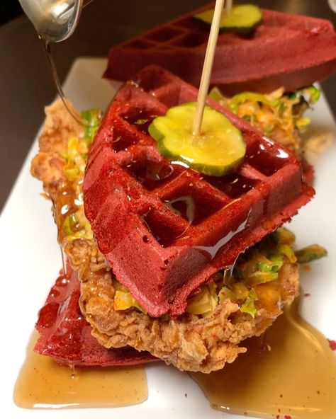 Red Velvet Waffles And Chicken, Red Velvet Donuts, Velvet Desserts, Red Velvet Waffles, Red Velvet Desserts, Grub Hub, Food Truck Menu, Chicken Waffles, Waffle Sandwich