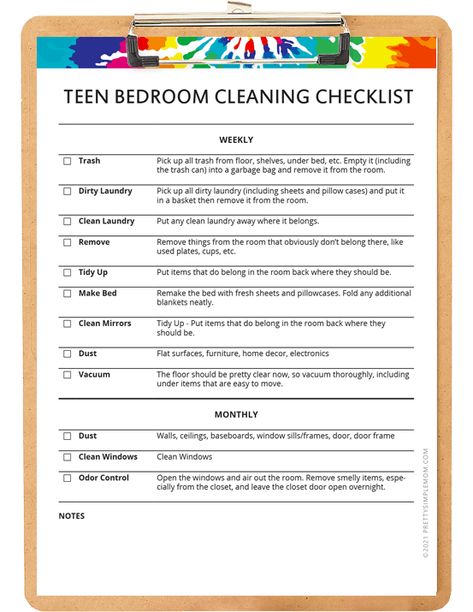 The Complete Teenager's Bedroom Cleaning Checklist Free Printable | Pretty Simple Mom Bedroom Chore Checklist, Cleaning Challenge Bedroom, Household Checklist Free Printable, Bedroom Makeover Checklist, Bedroom Rules For Teens, Room Reset Checklist, Teen Chore Chart Printable, Cleaning Schedule For Teens, Clean Room Checklist Bedrooms