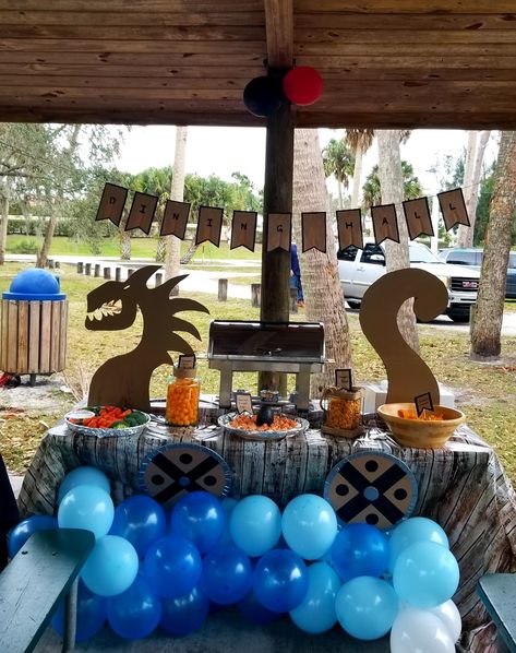 Dragon viking party ideas Dragon Bday Party Ideas, Vikings Party Decorations, Viking Themed Halloween Party, Barbarian Theme Party, Viking Trunk Or Treat Ideas, Viking Gender Reveal, Viking Decorations Party, Dragon Decorations Party, Viking Birthday Party For Adults