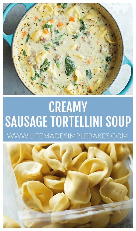 Creamy sausage and tortellini soup is a bowl full of comfort! It's loaded with veggies, sausage and cheese tortellini - plus it comes together in just 45 minutes! #sausagetortellinisoup #soup #creamysoup #sausageandtortellinisoup #souprecipe Creamy Sausage Tortellini, Sausage And Tortellini Soup, Sausage And Tortellini, Creamy Tortellini Soup, Creamy Soup Recipes, Sausage Tortellini Soup, Sausage Tortellini, Tortellini Recipes, Sausage Soup