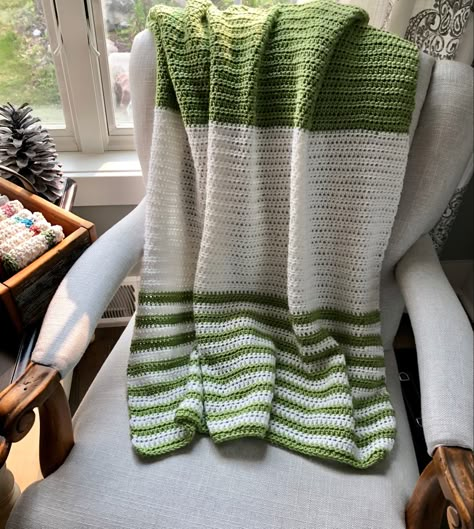 Crochet Blankets Stripes, Green And Gold Crochet Blanket, Olive Crochet Blanket, Two Color Crochet Blanket Patterns, Yarn Blanket Color Ideas, Two Toned Crochet Blanket, Sage Baby Blanket Crochet, Stripe Blanket Crochet, Crochet Blanket Green Color Schemes