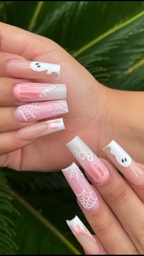 Ghost Nails Acrylic, Pink Press On Nails, Nails Fall Nails, Nails Elegant, Halloween Acrylic Nails, Cute Halloween Nails, Ombre Acrylic Nails, Nails Design With Rhinestones, Long Acrylic Nails Coffin