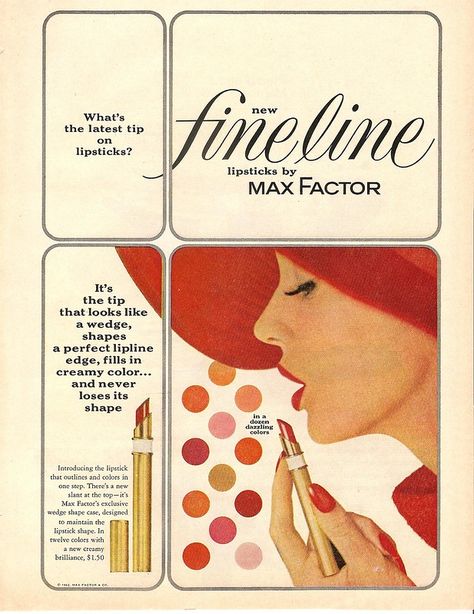 1962 max factor fine line lipstick ad | i really like the co… | Flickr 1960s Advertisements, Max Factor Lipstick, Lipstick Ad, Vintage Makeup Ads, Beauty Ads, Makeup Ads, Retro Makeup, Retro Beauty, Beauty Ad