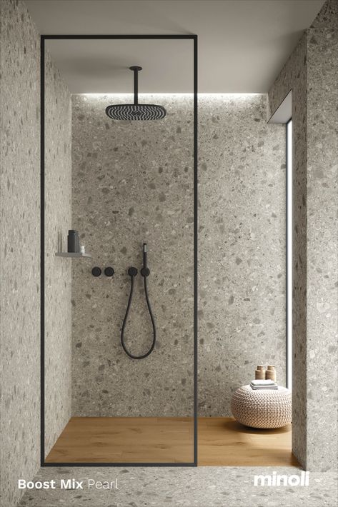 Boost Mix is inspired by the pebble patterned Ceppo Di Grè stone from the north-western shores of Lake Iseo in Italy. Distinct and dynamic in design, Boost Mix comes in three mesmerising, modern shades ranging through warm and light, to dark and cool colourways. Modern Zen Bathroom, Stone Tile Bathroom, Wood Tile Bathroom, Bathroom Recessed Lighting, Modern Shades, Minimalist Bathroom Design, Lake Iseo, Modern Small Bathrooms, Small Bathroom Interior