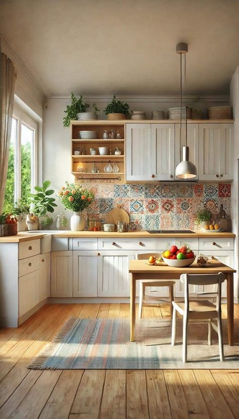 Colorful Kitchen Backsplash, Small Kitchen Colors, Dream House Aesthetic, Colourful Kitchen, Cottagecore Home, Basement Apartment, Bright Kitchens, Interiors Dream, Yellow Kitchen