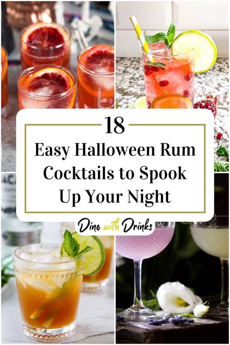 Collage of 4 easy halloween rum cocktails. Cocktails With Malibu Rum, Rum Drinks Easy, Spiced Rum Drinks, Easy Halloween Cocktails, Dark Rum Cocktails, Rum Mixed Drinks, Rum Cocktails Easy, Halloween Alcohol, Halloween Themed Drinks