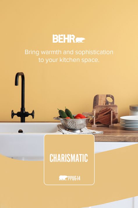 Discover Charismatic, an inviting yellow that brings warmth and sophistication to your kitchen space. Modern Yellow Paint Colors, Nocturne Shade, Indoor Paint Colors, Colorful Kitchens, Beige Paint Colors, Indoor Paint, Yellow Paint Colors, Painted Things, Tan Walls