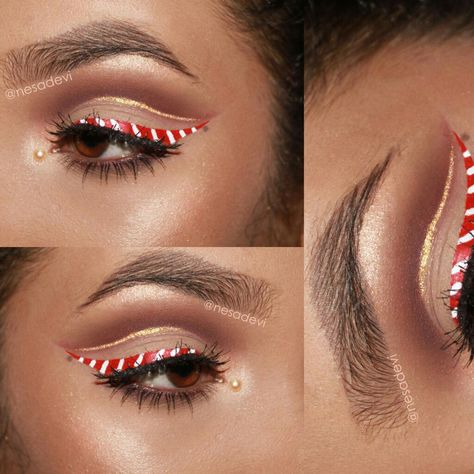 'Candy Cane Eye Liner' Insta : @nesadevi (Christmas Series #4) #stripes Cute Elf Makeup Looks Christmas, Ugly Sweater Makeup Ideas, Candy Cane Makeup Look, Simple Christmas Eyeliner, Christmas Tree Eyeliner, Candy Cane Makeup Ideas, Candy Cane Eye Makeup, Candy Cane Hairstyle, Manic Makeup