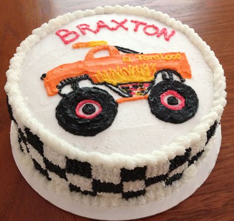 Monster truck, El Toro Loco, cake I made for my sons 5th birthday. Toro Loco Birthday Cake, El Toro Loco Cake, Toro Loco Cake, Toro Loco Birthday Party, El Toro Loco Birthday Party, Food Truck Desserts, Monster Truck Birthday Cake, Monster Jam Birthday Party, Bbq Food Truck