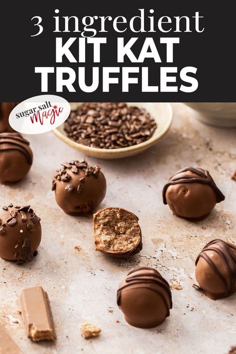 KitKat truffles - 3 ingredients, no bake and so easy to make. These simple condensed milk truffles taste of KitKat and are the perfect after dinner treat or gift. They’re even so easy the kids can make them. These truffles have the rich indulgent taste of Kit Kat bars. The truffle balls then have a milk chocolate coating (though you could certainly use dark). They’re so easy make, no baking required, only need 3 ingredients and they’re fun to put together too. Recipes Using Kit Kat Bars, Kit Kat Truffles, Kitkat Recipe Desserts, Kit Kat Recipes Desserts, Kitkat Dessert Recipes, Truffle Candy Recipes, Kit Kat Dessert Recipes, Easy Truffles No Bake 3 Ingredients, No Bake Truffles Easy