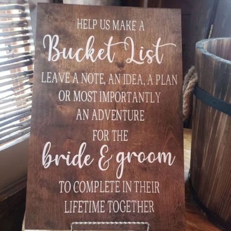 Bucket List Wedding/wedding Reception Sign/bridal Shower - Etsy A Bucket List For The Bride And Groom, Bucket List For Bride And Groom, Bucket List Wedding, Bride Groom Signs, Wedding Bucket, Rustic Card Box, Unity Candle Ceremony, Wedding Cake Server Set, Vowel Renewal