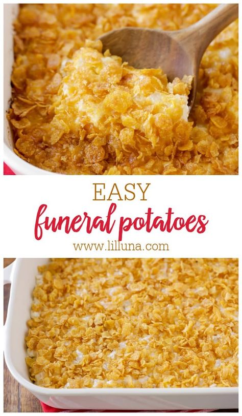 Family-favorite funeral potatoes are creamy, cheesy, and crispy on top. It's perfect for dinners and holidays! #funeralpotatoes #cheesypotatoes #potatoes #simplecasserole #thanksgiving Cornflake Potatoes, Holiday Potatoes, Potatoes With Ham, Potatoes Casserole, Cheesy Potatoes Recipe, Savory Sides, Cheesy Potato Casserole, Buttered Corn, Baked Ribs