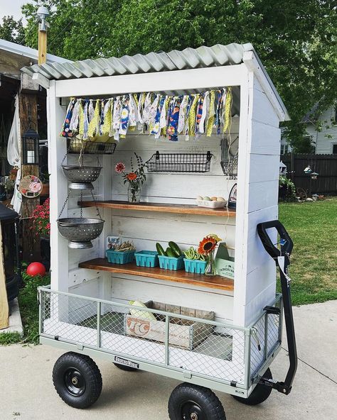 Catrina Burgess | The new produce stand is finished! Can’t wait to stroll this down the road to the office and see it stocked full of goodies! #producestand… | Instagram Roadside Stand Sign, Diy Farm Stand For Kids, Pay What You Can Farm Stand, Diy Farmstand On Wheels, Simple Farm Stand Ideas, Farmstand Cart, Farm Stand Ideas To Sell, Veggie Stand Roadside, Farmstand On Wheels