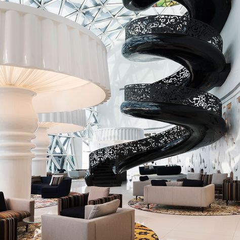 Mondrian Doha an iconic interior by Marcel Wanders for SBE, 2017. www.marcelwanders.com #design #interiordesign #productdesign #marcelwandersinteriors #mondriandoha #doha #qatar #travel #designhotel #staircase #stairway Piscina Interior, Marcel Wanders, Hotel Interior Design, Hotel Project, Pool Bar, Top Interior Designers, Udaipur, Hotel Design, Staircase Design