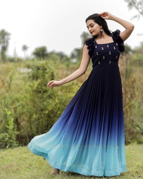 Gown For Engagement, Blue Kurti, Simple Frock, Shoot Video, Blue Blouse Designs, Print With Embroidery, Simple Frock Design, Georgette Gown, Krishna Gif