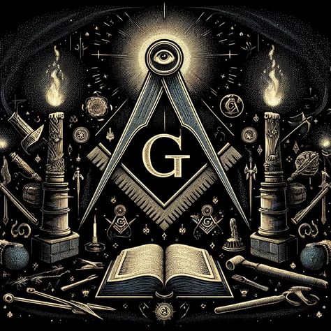 This illustration showcases key elements of Freemasonry, including the square and compass, the all-seeing eye, and an open book symbolizing knowledge. Surrounded by tools of the craft, it represents the journey of wisdom, light, and spiritual discovery in Freemasonry. Ich habe noch mehr interessante Fakten auf meinem Telegram-Kanal. Freemason Quotes, Masonic Tattoos, Freemasonry (masonry), Masonic Ritual, Masonic Symbol, Masonic Art, Mystic Illustration, Masonry Tools, Unsolved Mystery