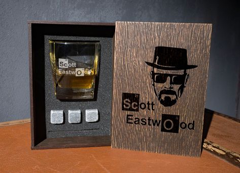 "This listing is for personalized whiskey glass,Real Leather coaster, and 3 whiskey stones in personalized wood box.  The  box measures 7.5\" x 5.\" x 4\"  and  is made from wood of high quality. Wood species : light oak dark oak  The glass is made from premium lead free glass. It holds 10 oz. Customize them with Your Own Ideas, For example: Your groomsman's name, initial, date etc.. Buying Options: Coaster Only: 1 full-grain Italian leather  Coaster Glass Only: 1 Glass Glass+Box: 1 Glass + Wood Whiskey Gift Box, Chemistry Elements, Whiskey Gift Set, Personalized Whiskey Glass, Leather Coaster, Groomsmen Gift Set, Whiskey Stones, Personalized Whiskey, Whiskey Gifts